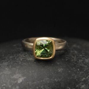 Cushion Cut Green Tourmaline Ring, 18k Gold Bezel, Size 6 Cushion Cut Green Tourmaline Ring, 18k Gold Bezel, Size 6