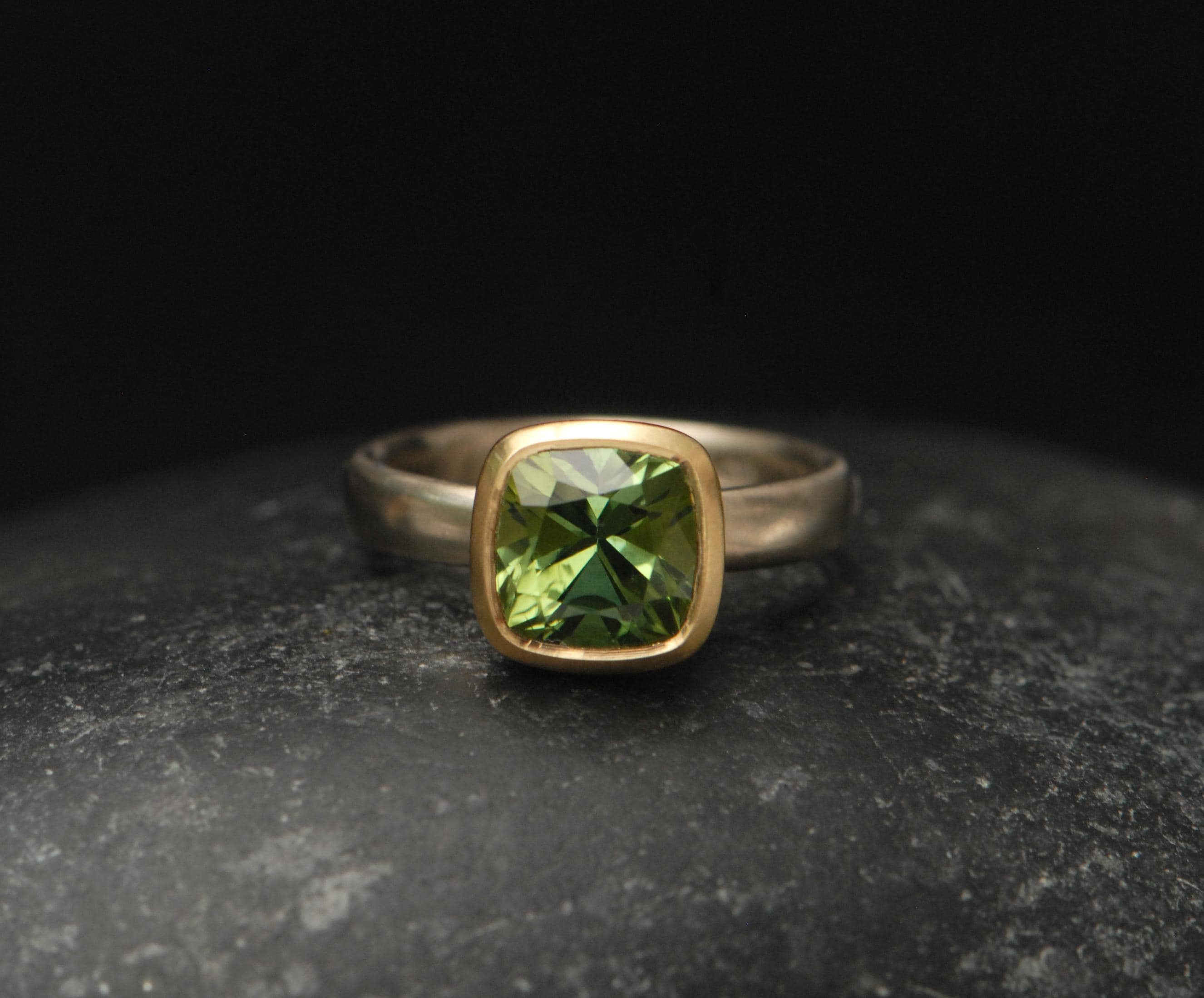 Cushion Cut Green Tourmaline Ring, 18k Gold Bezel, Size 6 Cushion Cut Green Tourmaline Ring, 18k Gold Bezel, Size 6