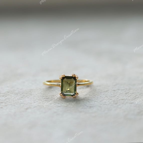 Emerald Cut Green Tourmaline Ring, 925 Sterling Silver