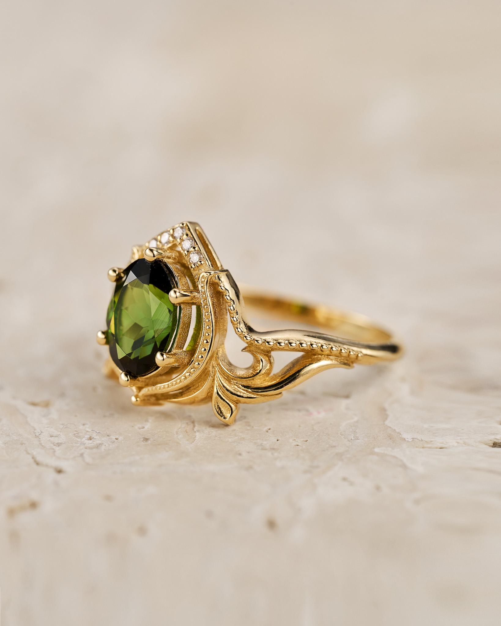 Green Tourmaline Engagement Ring, Art Nouveau Style, Ethical Promise Ring