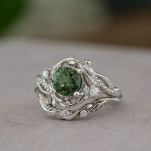 Green Tourmaline Engagement Ring Set, Branch & Leaf Wedding Band Green Tourmaline Engagement Ring Set, Branch & Leaf Wedding Band