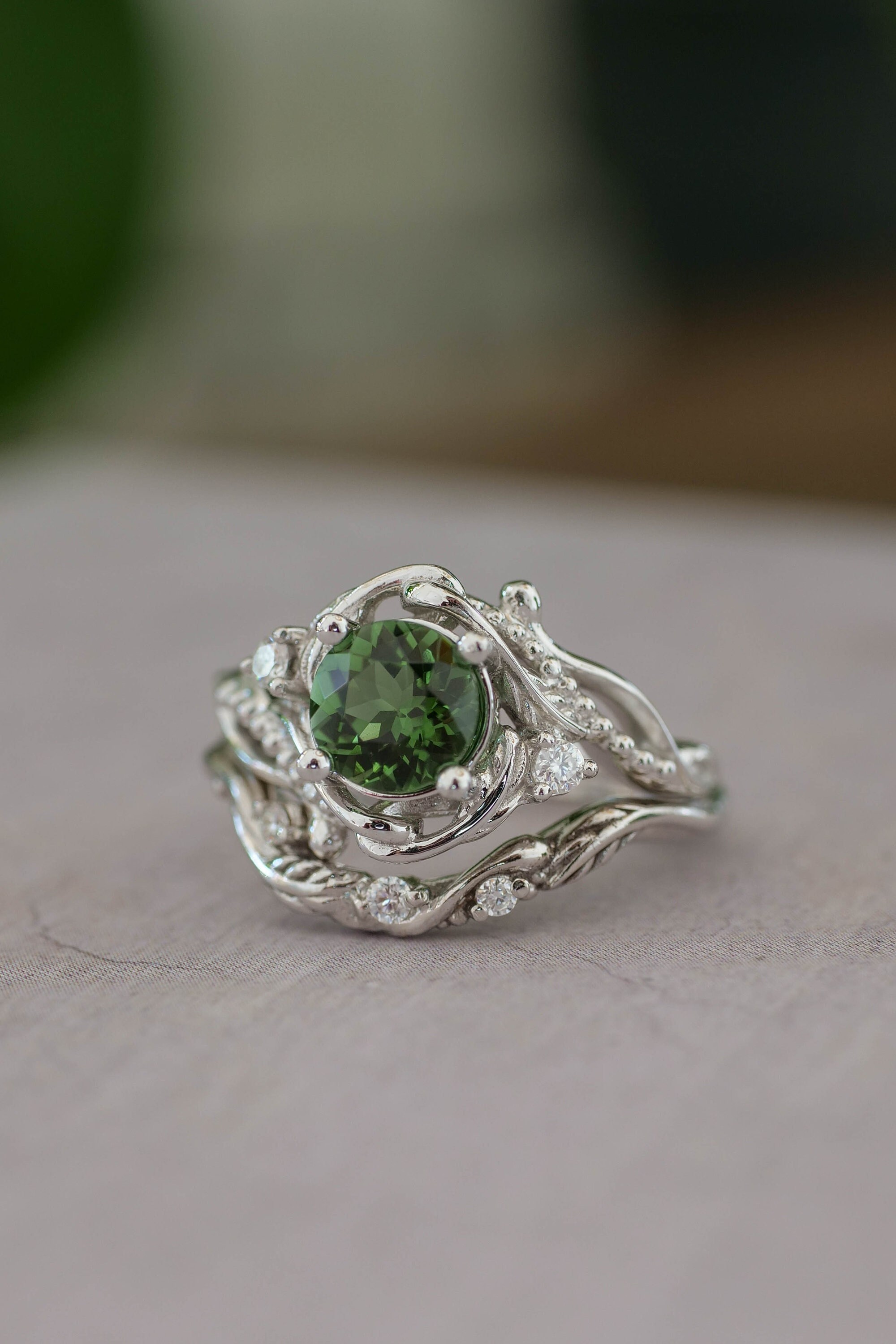 Green Tourmaline Engagement Ring Set, Branch & Leaf Wedding Band Green Tourmaline Engagement Ring Set, Branch & Leaf Wedding Band