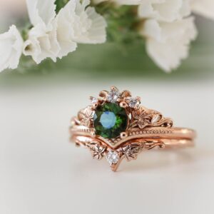 Green Tourmaline Engagement Ring Set, Rose Gold Leaves Bridal Set