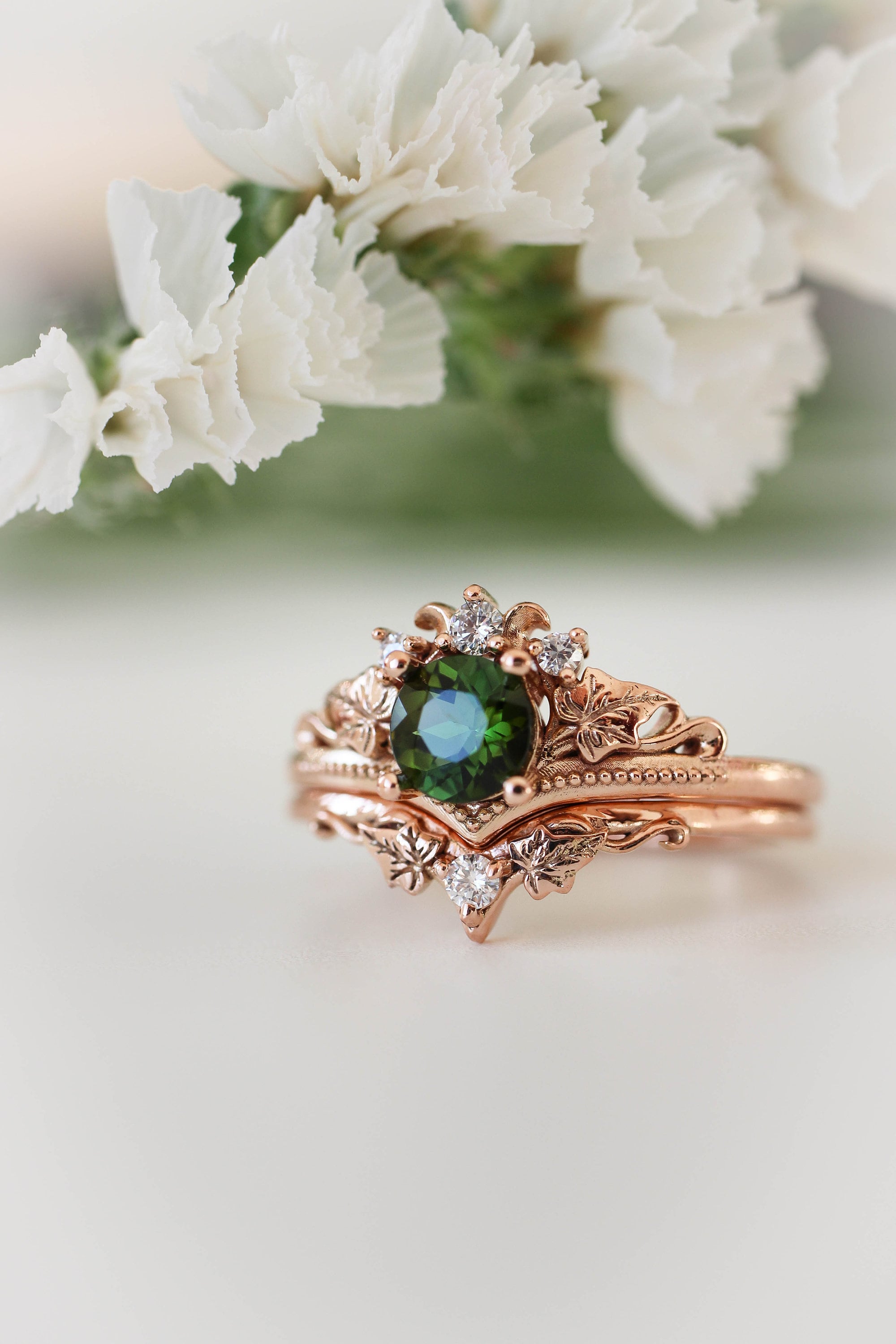 Green Tourmaline Engagement Ring Set, Rose Gold Leaves Bridal Set