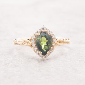 Forest Pear Green Tourmaline Engagement Ring, Leaves Details Ring
