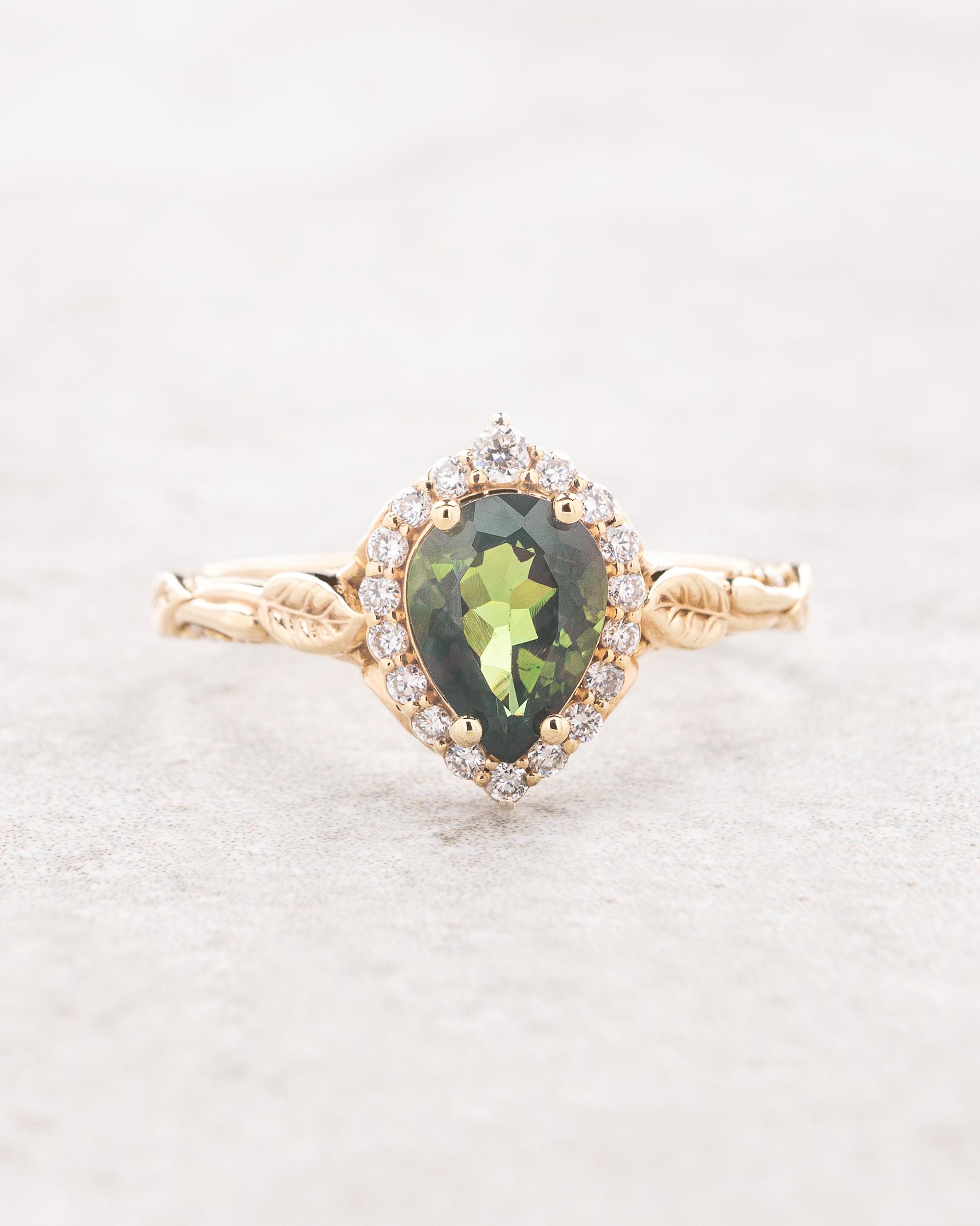 Forest Pear Green Tourmaline Engagement Ring, Leaves Details Ring