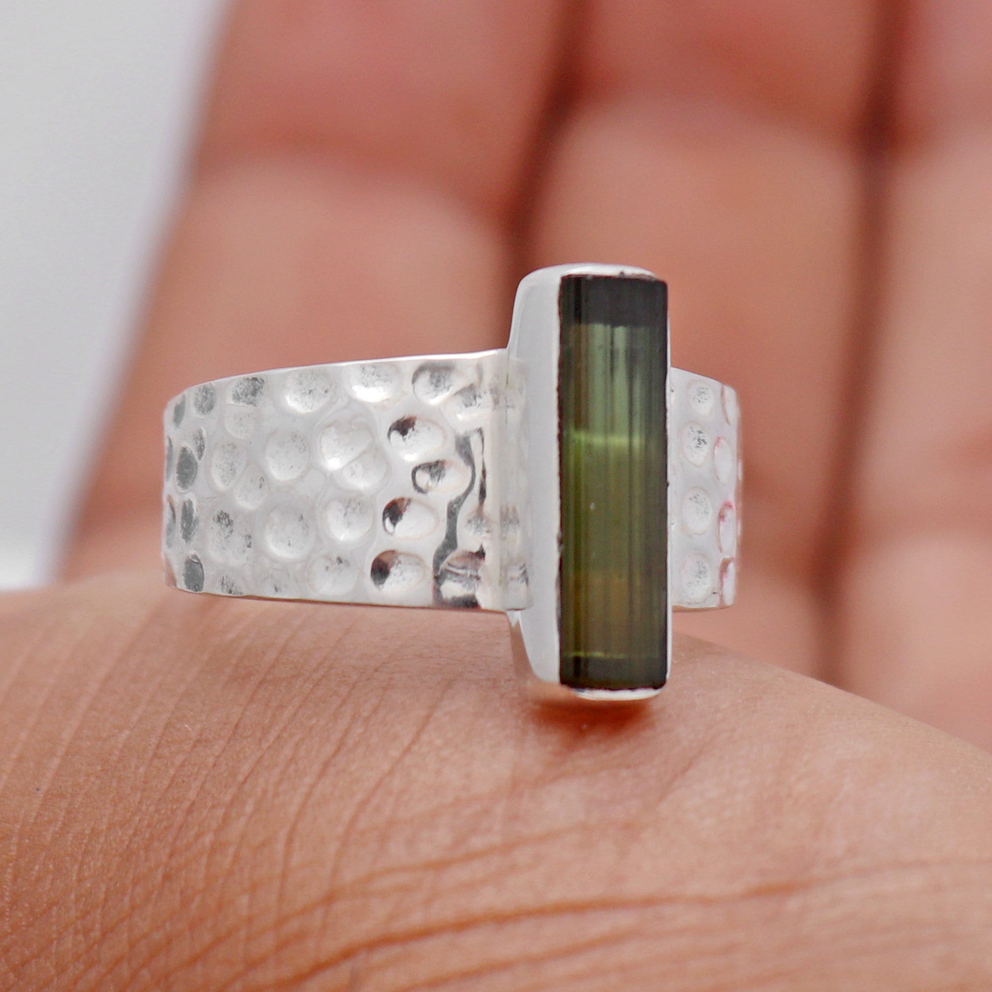 Green Tourmaline Gemstone Ring, Sterling Silver Ring, Baguette Shape Ring, Hammered Silver Band Ring, Tourmaline Jewelry, Best Gift Jewelry