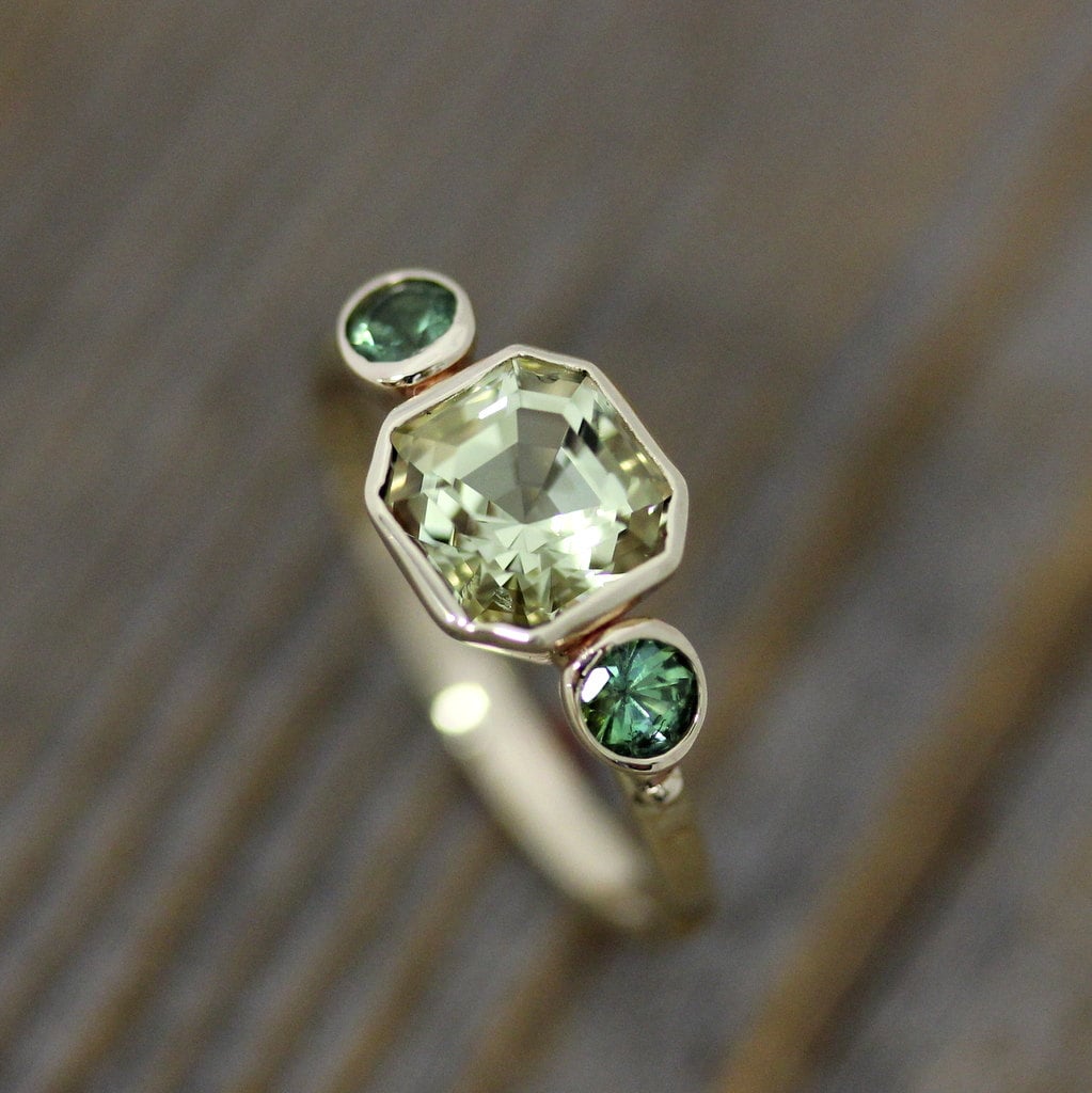 Handmade Art Deco Beryl & Green Tourmaline Ring: 14k Yellow Gold Statement Jewelry
