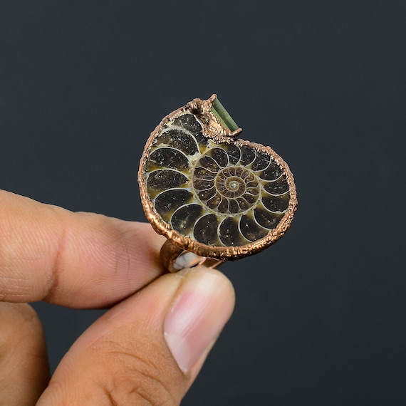 Handmade Copper Electroformed Ammonite Fossil Ring With Green Tourmaline