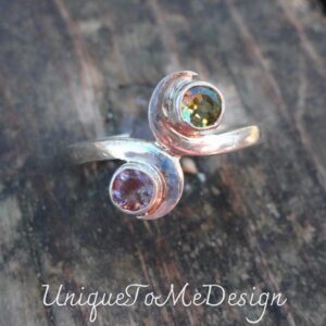 Handmade Sterling Silver Double Moon Ring: Pink & Green Tourmaline, Size 7.5 Handmade Sterling Silver Double Moon Ring: Pink & Green Tourmaline, Size 7.5