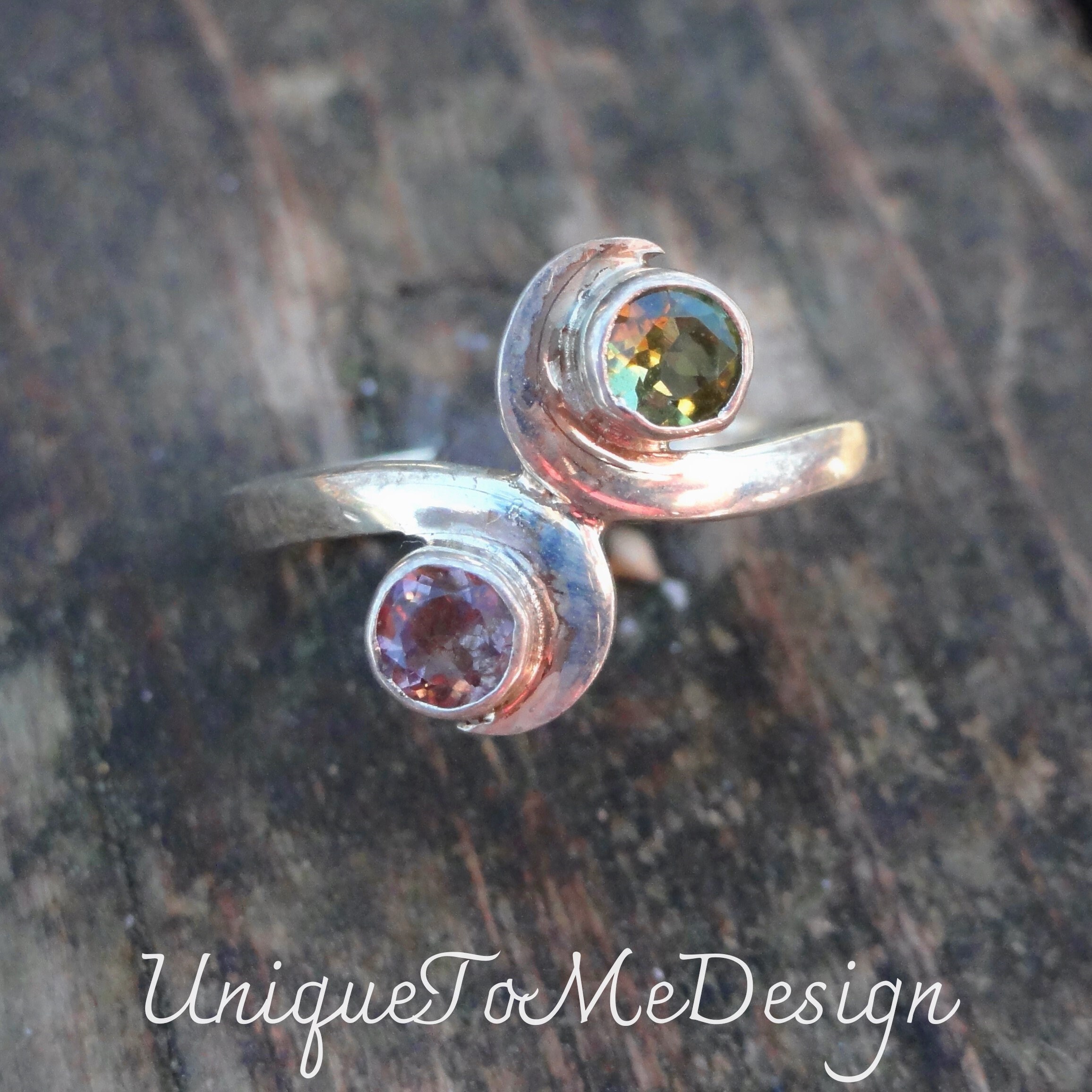 Handmade Sterling Silver Double Moon Ring: Pink & Green Tourmaline, Size 7.5