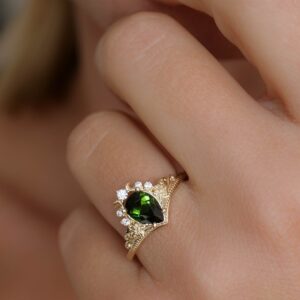 Green Tourmaline Leaf Engagement Ring, Nature Inspired Gold Ring Green Tourmaline Leaf Engagement Ring, Nature Inspired Gold Ring