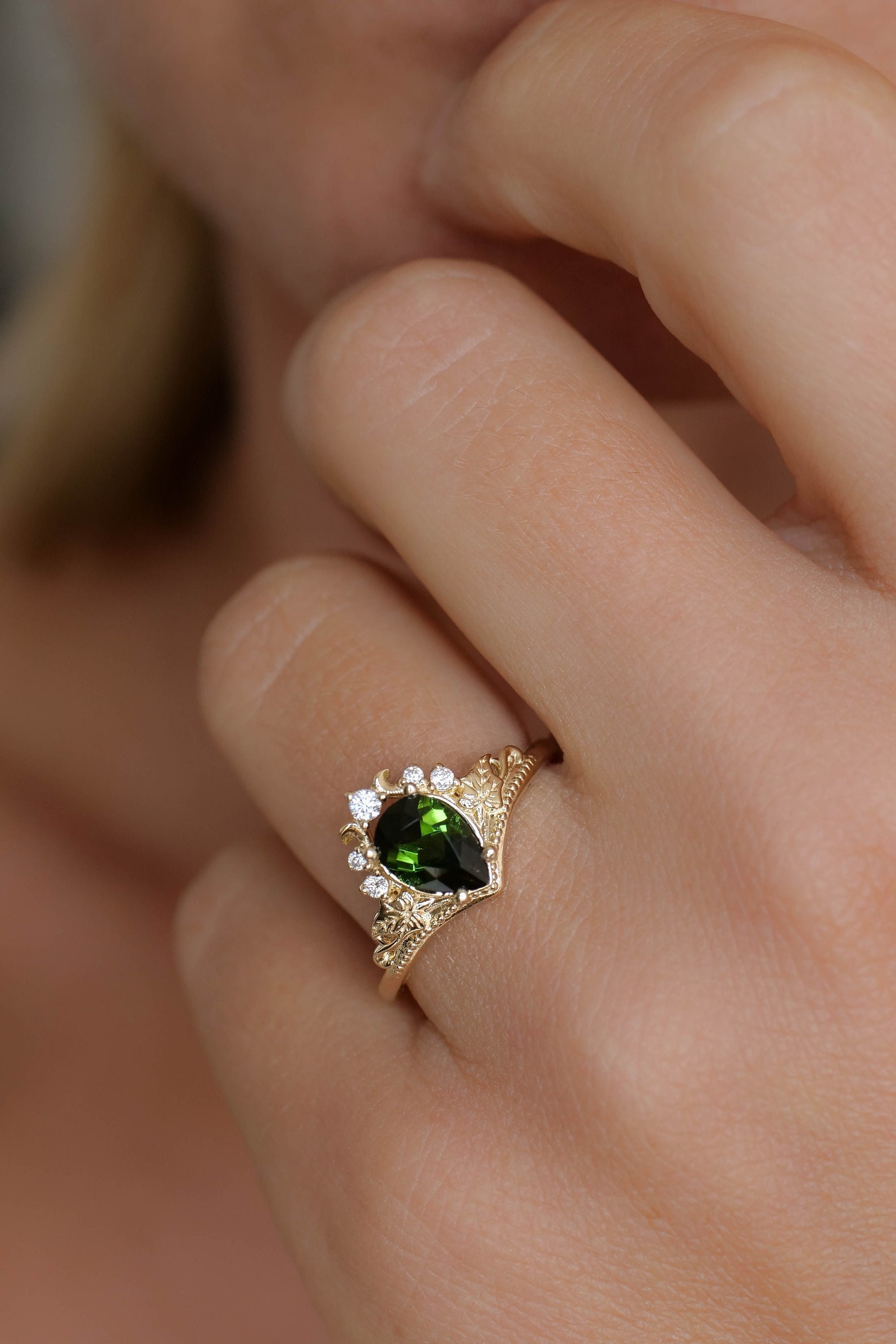 Green Tourmaline Leaf Engagement Ring, Nature Inspired Gold Ring