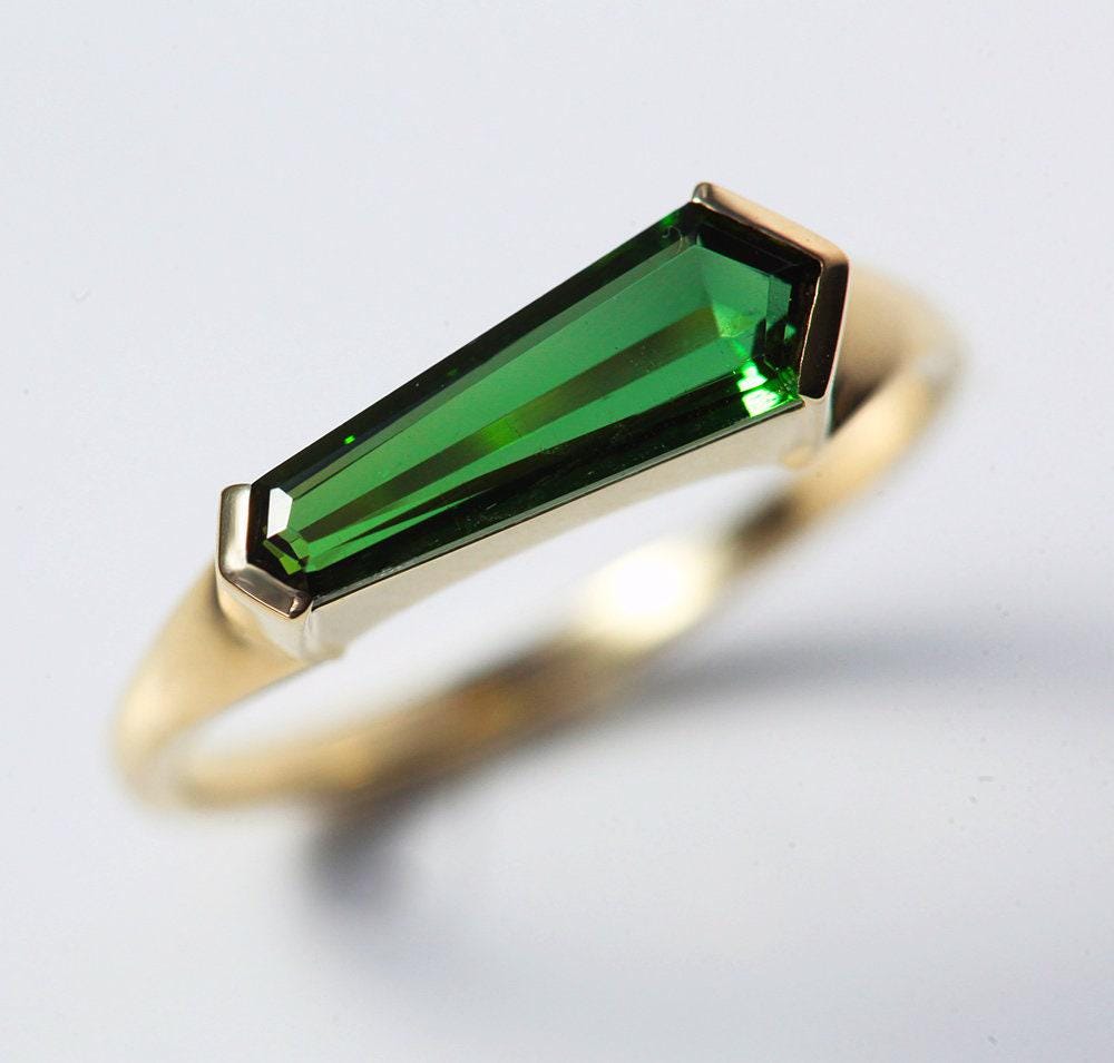 Modern Green Tourmaline Ring, Geometric Emerald Green Tourmaline Engagement Ring, Unique Engagement Ring