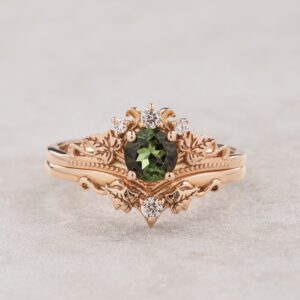 Natural Green Tourmaline Engagement Ring Set, Ivy Leaf Wedding Band Natural Green Tourmaline Engagement Ring Set, Ivy Leaf Wedding Band