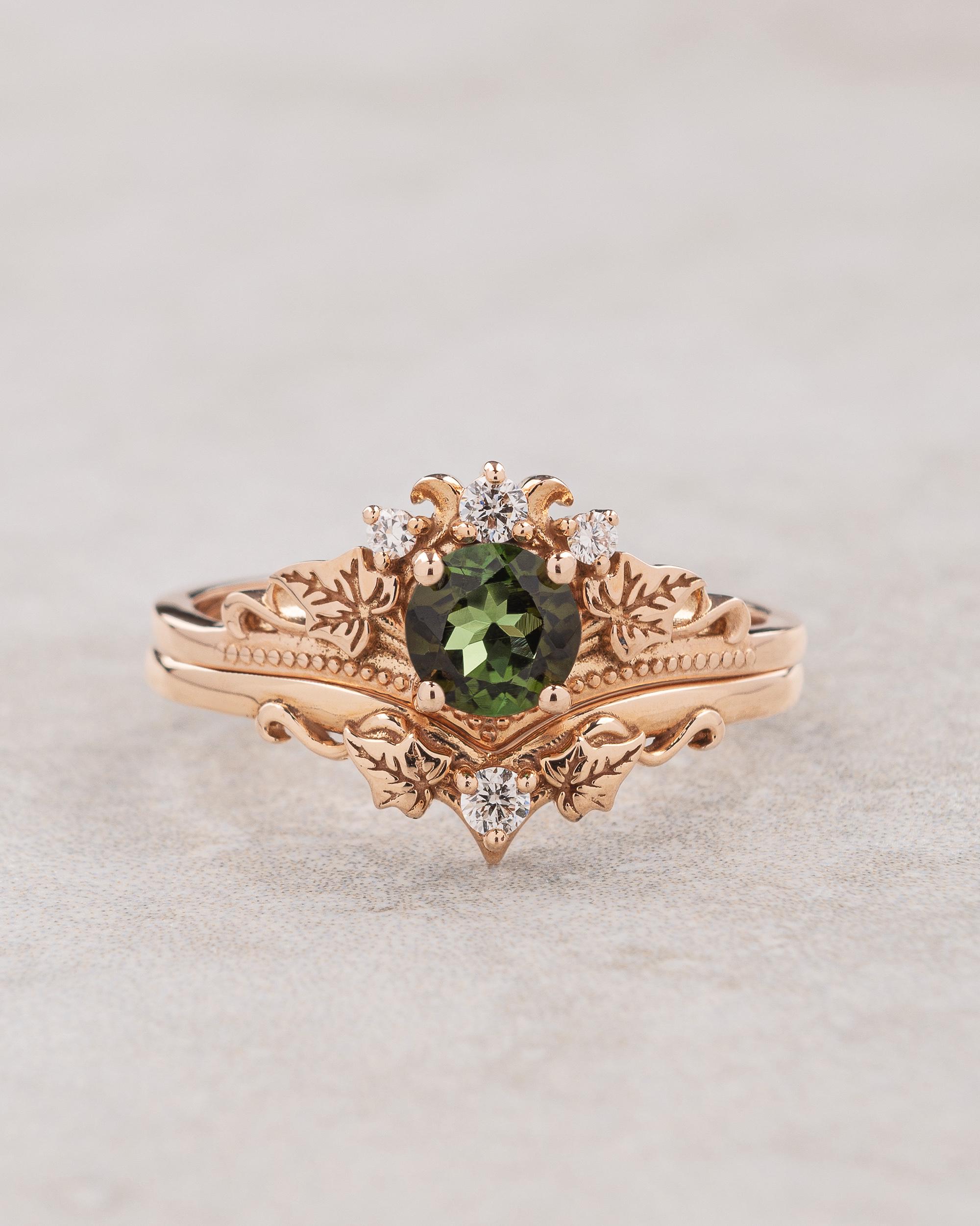 Natural Green Tourmaline Engagement Ring Set, Ivy Leaf Wedding Band Natural Green Tourmaline Engagement Ring Set, Ivy Leaf Wedding Band