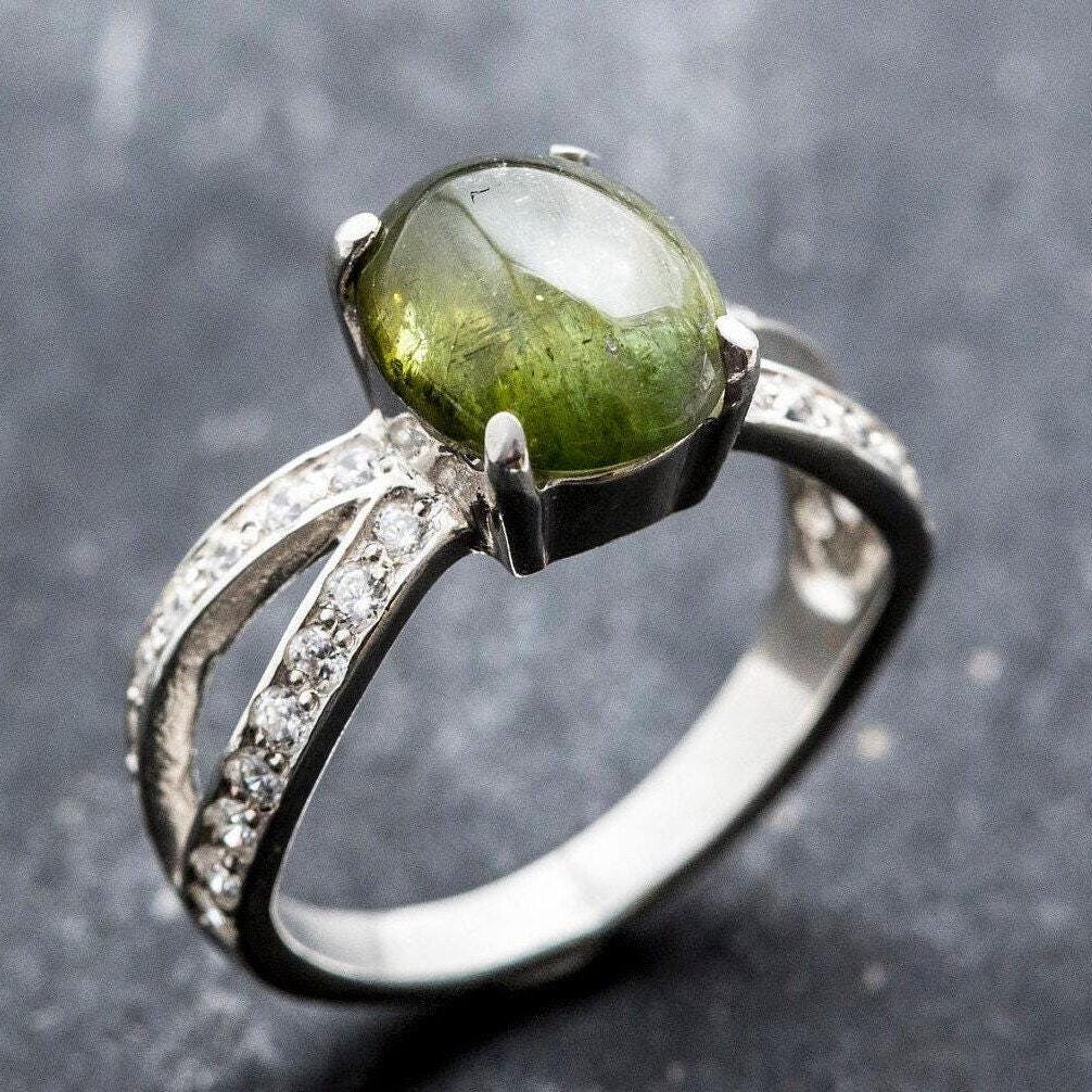 Green Tourmaline Ring, Natural Tourmaline, Vintage Ring, Green Tourmaline, October Birthstone, Split Shank Silver Ring, Rare By Adina