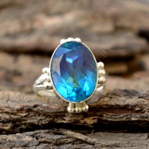 Oval Blue Green Tourmaline Quartz Ring, Artisan 925 Sterling Silver Oval Blue Green Tourmaline Quartz Ring, Artisan 925 Sterling Silver