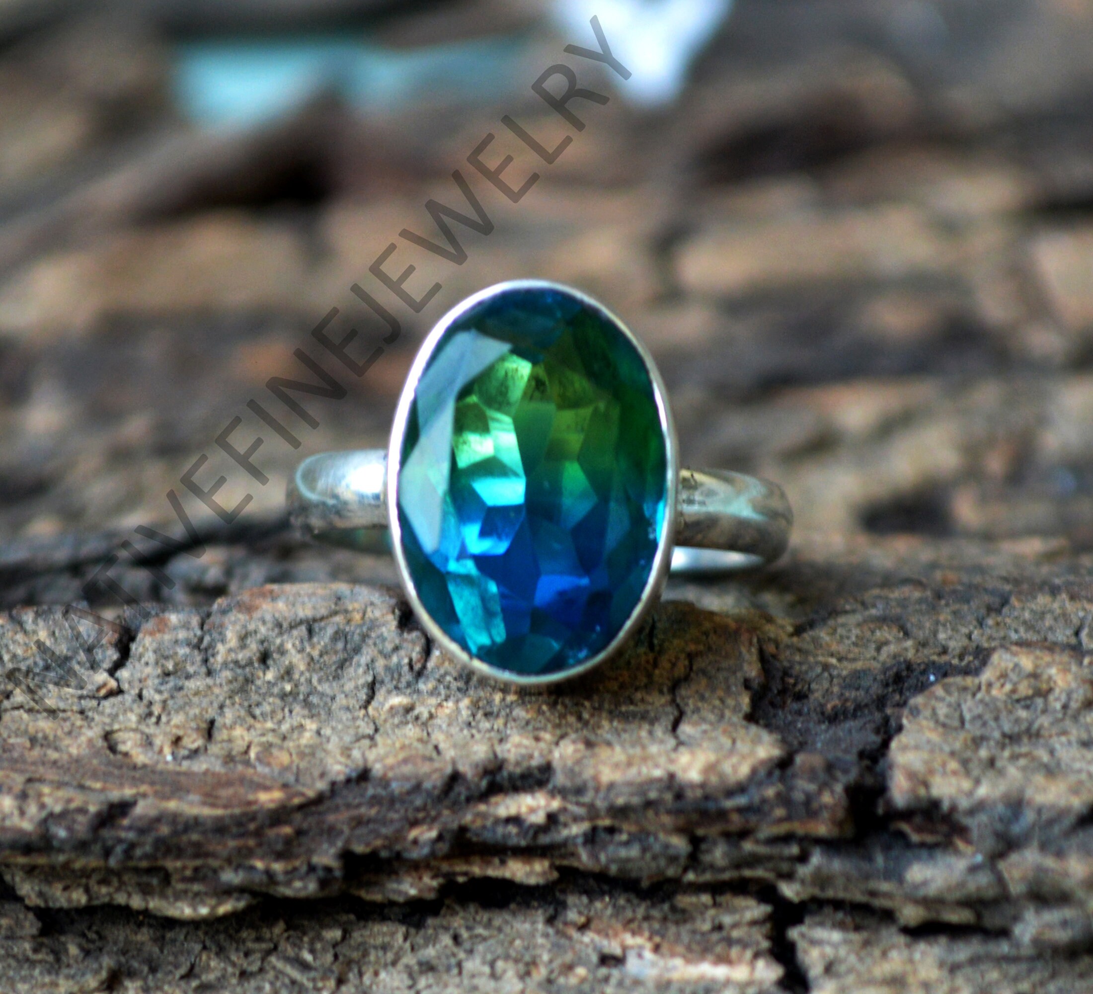 Oval Yellow Green Tourmaline Ring: Sterling Silver Statement Ring