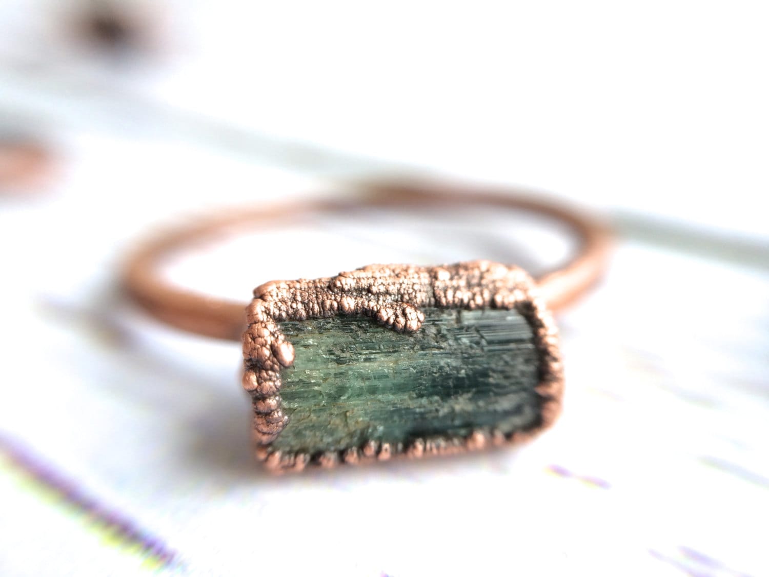 Raw Tourmaline Ring | Green Tourmaline Crystal Ring | Electroformed Tourmaline Ring | Raw Stone Ring | Raw Tourmaline Jewelry