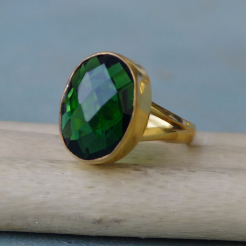 Rose Cut Green Tourmaline Quartz Ring: Sterling Silver, Gold Filled Split Band