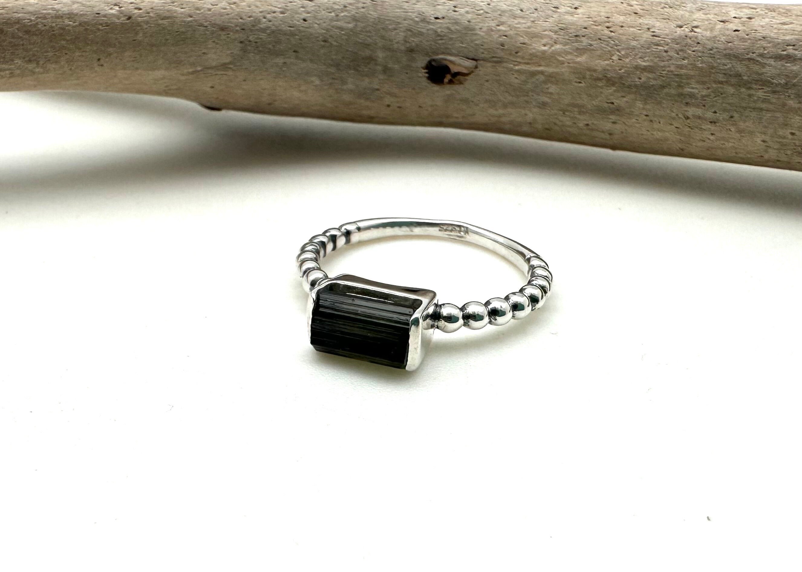 Raw Green Tourmaline Sterling Silver Ring, Size 7/8