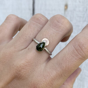 Teardrop Dark Green Tourmaline In Serrated Setting With 14 Karat Gold Filled Crescent Moon Accent Sterling Silver Ring | Witchy Ring Teardrop Dark Green Tourmaline In Serrated Setting With 14 Karat Gold Filled Crescent Moon Accent Sterling Silver Ring | Witchy Ring