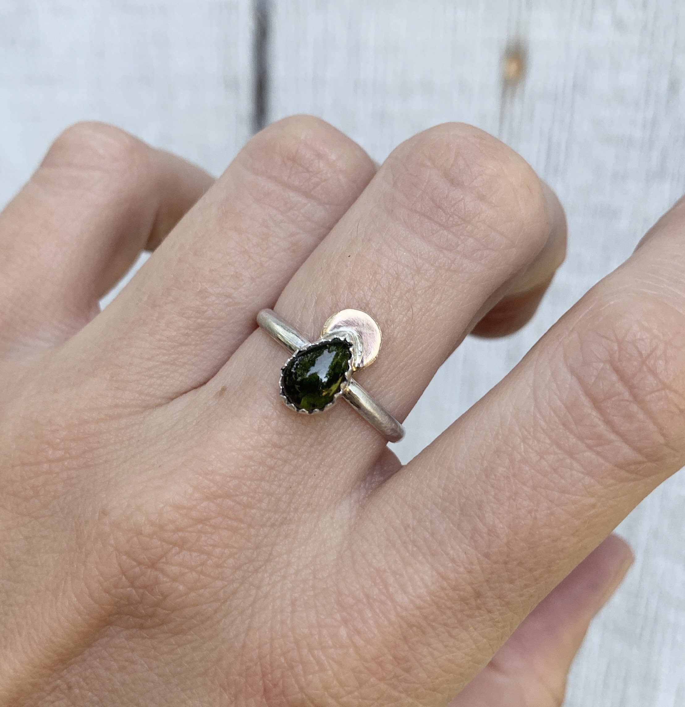 Teardrop Dark Green Tourmaline In Serrated Setting With 14 Karat Gold Filled Crescent Moon Accent Sterling Silver Ring | Witchy Ring