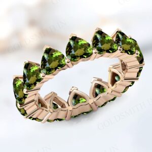 Unique Green Tourmaline Engagement Band For Women Full Eternity Wedding Band Antique Style Band Heart Shaped Gemstone Band Anniversary Gift
