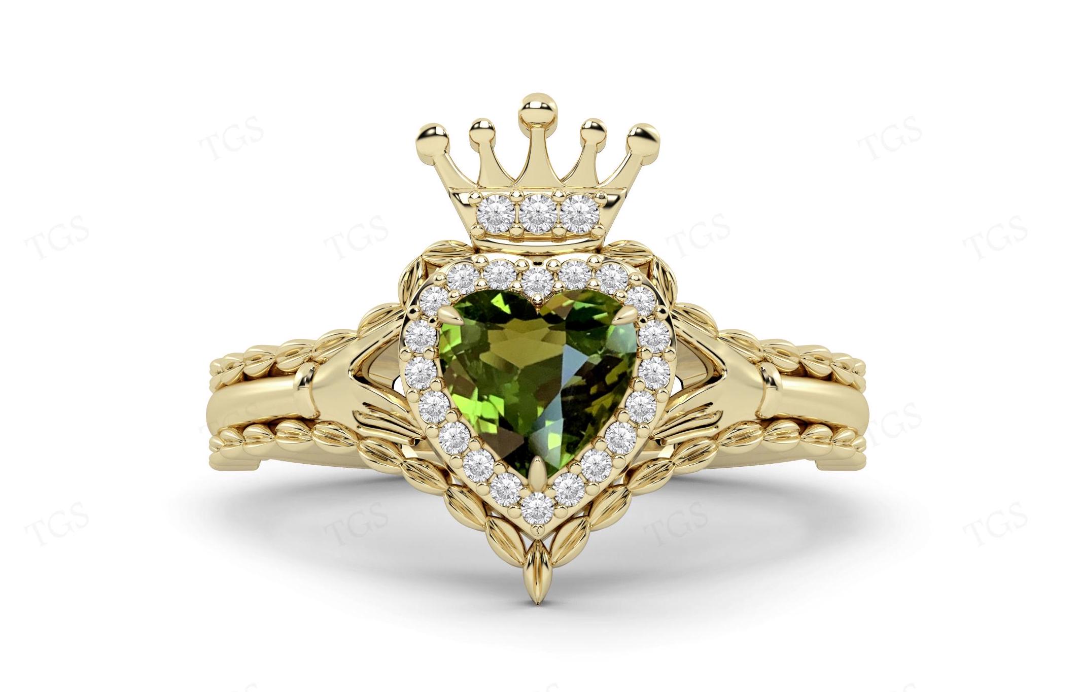 Unique Green Tourmaline Ring For Her Art Deco Tourmaline Engagement Ring Claddagh Style Wedding Ring Heart Shaped Halo Bridal Promise Ring