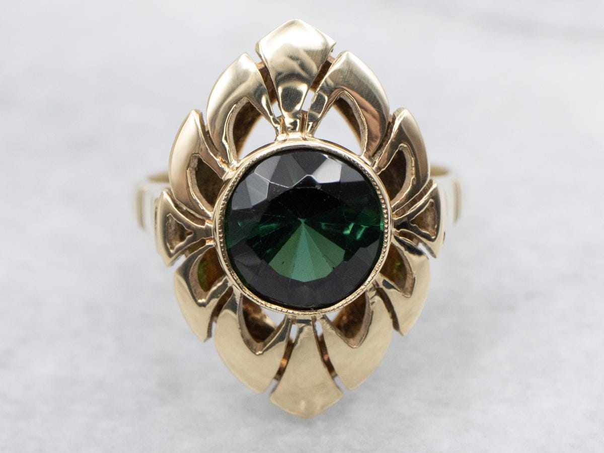Vintage 14k Gold Green Tourmaline Ring, Mid-century Dinner Ring Vintage 14k Gold Green Tourmaline Ring, Mid-century Dinner Ring