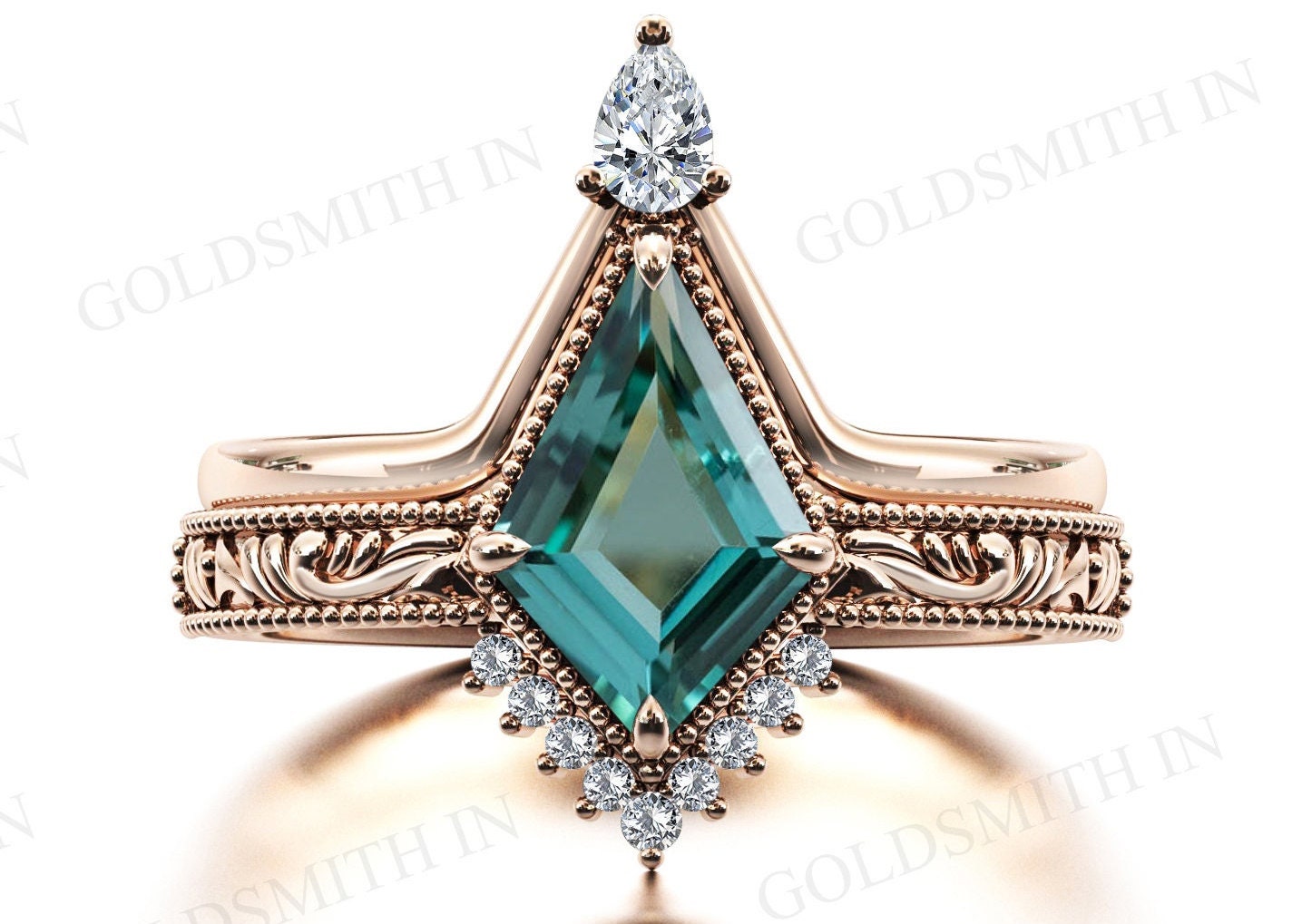 Vintage Dark Green Paraiba Tourmaline Engagement Ring Set Kite Shaped Green Tourmaline Wedding Ring Set Art Deco 2pc Bridal Promise Ring Set Vintage Dark Green Paraiba Tourmaline Engagement Ring Set Kite Shaped Green Tourmaline Wedding Ring Set Art Deco 2pc Bridal Promise Ring Set