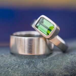 Green Tourmaline Wedding Set In 18k White Gold, Emerald Cut Tourmaline Engagement Ring Green Tourmaline Wedding Set In 18k White Gold, Emerald Cut Tourmaline Engagement Ring