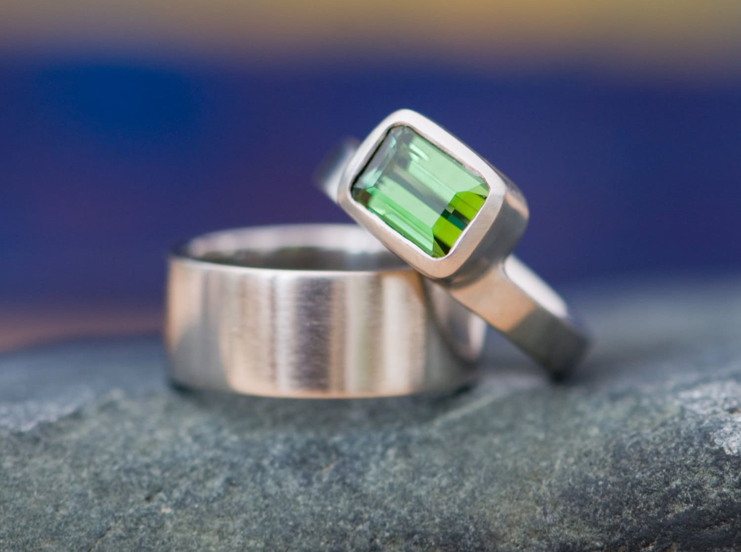 Green Tourmaline Wedding Set In 18k White Gold, Emerald Cut Tourmaline Engagement Ring
