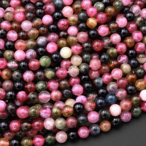 Aaa Natural Multicolor Pink Green Tourmaline 4mm Smooth Round Beads 15.5" Strand