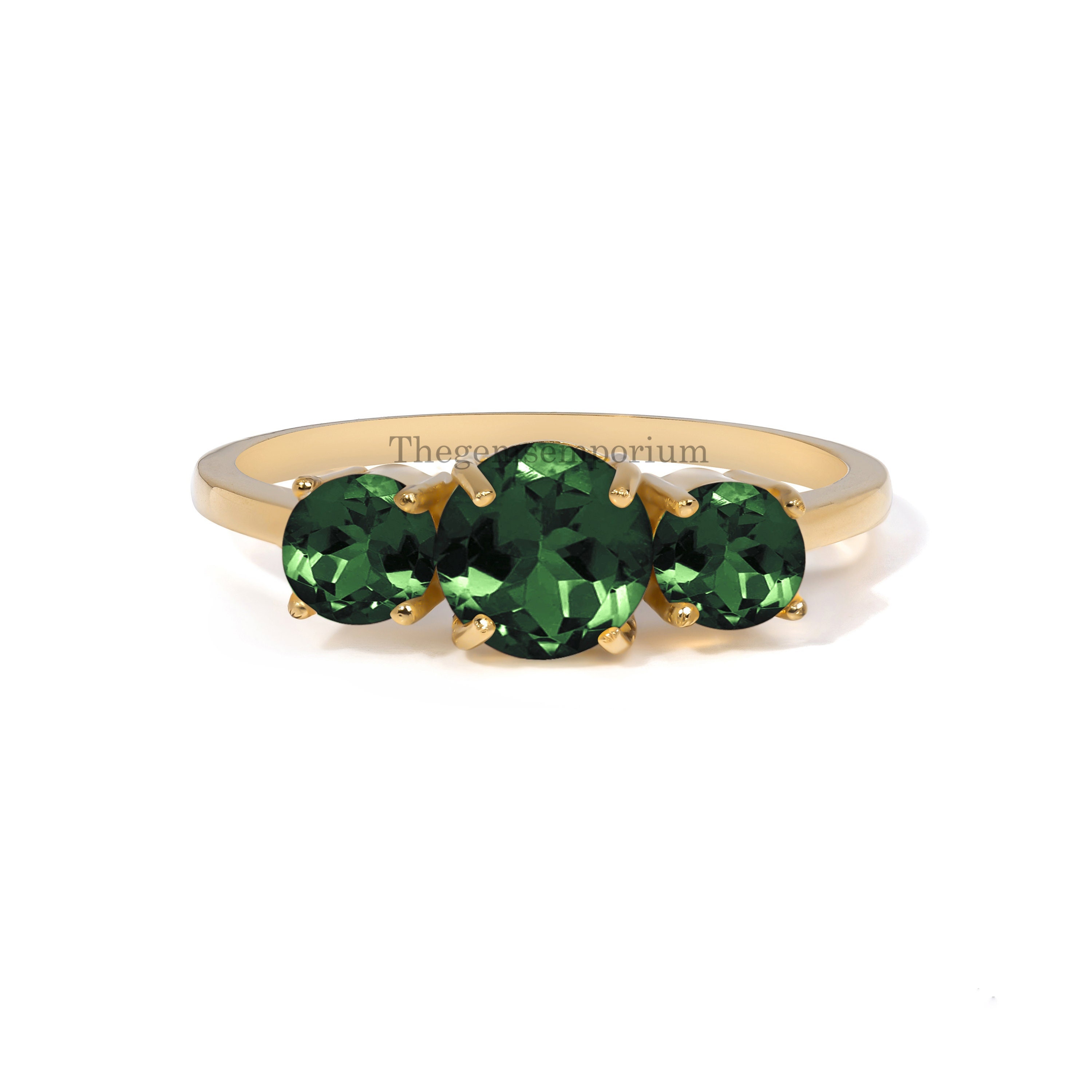 Natural Round Cut Green Tourmaline Ring,14k Gold Three Stone Statement Ring,october Birthstone,wedding Anniversary Band,promise Gift For Her Natural Round Cut Green Tourmaline Ring,14k Gold Three Stone Statement Ring,october Birthstone,wedding Anniversary Band,promise Gift For Her