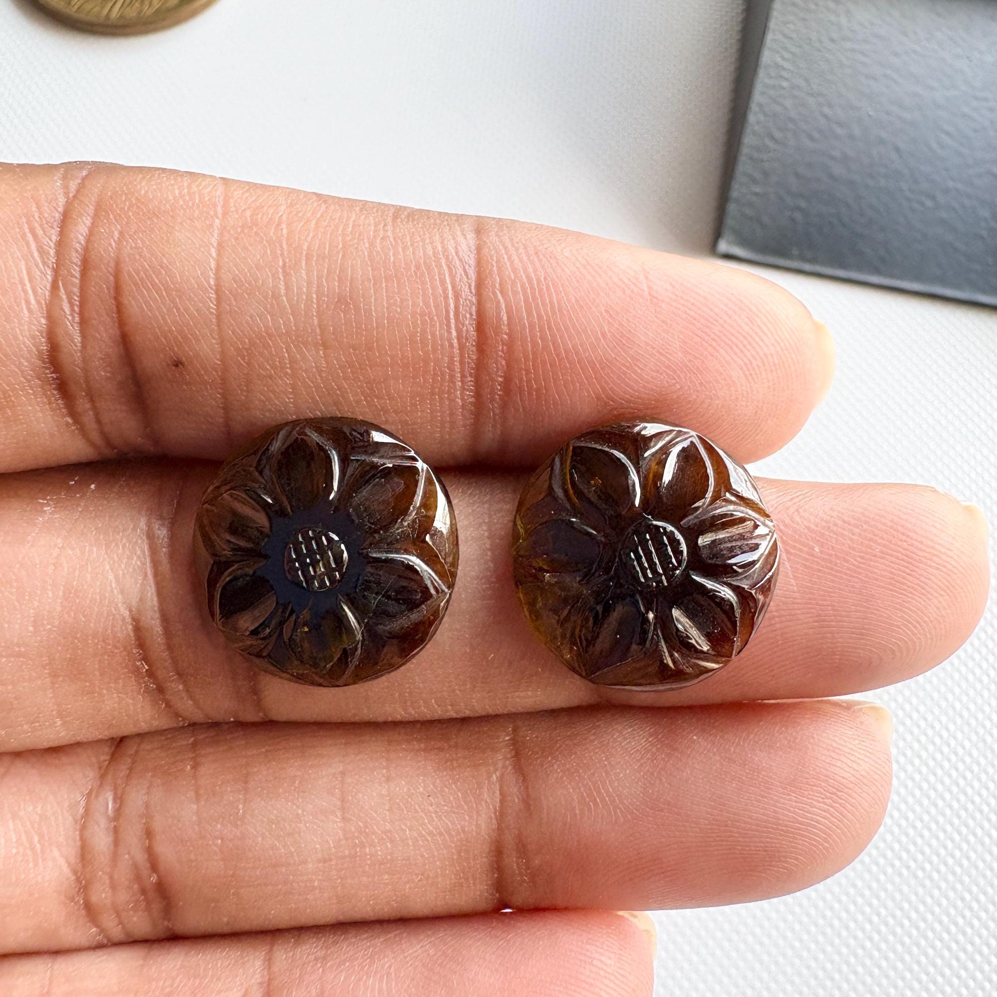 Beautiful Hand Carved Natural Green Tourmaline Gemstone Carving, Matched Pairs 15x15mm Each, Sku-tc12 Beautiful Hand Carved Natural Green Tourmaline Gemstone Carving, Matched Pairs 15x15mm Each, Sku-tc12