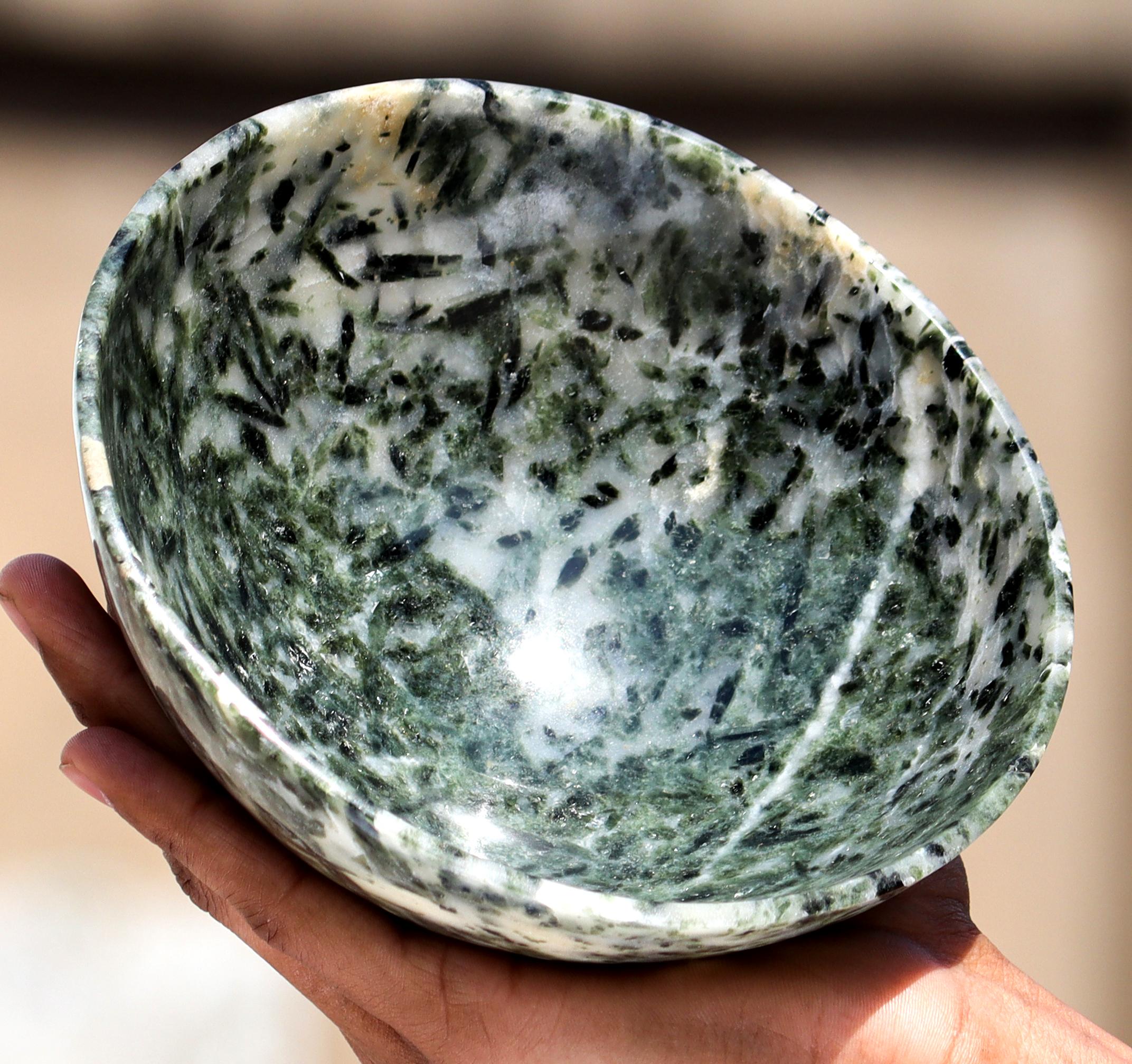Green Tourmaline Crystal Altar Bowl: Hand Carved Meditation Singing Bowl
