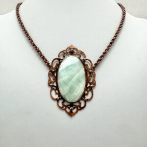Hand Sawed Copper Calcite Pendant Necklace: Victorian Style, Chain Maille Rope