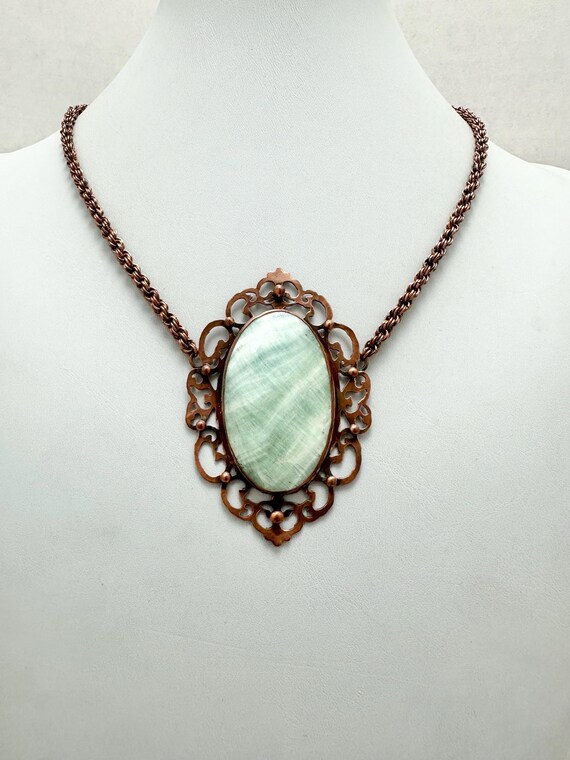 Hand Sawed Copper Calcite Pendant Necklace: Victorian Style, Chain Maille Rope
