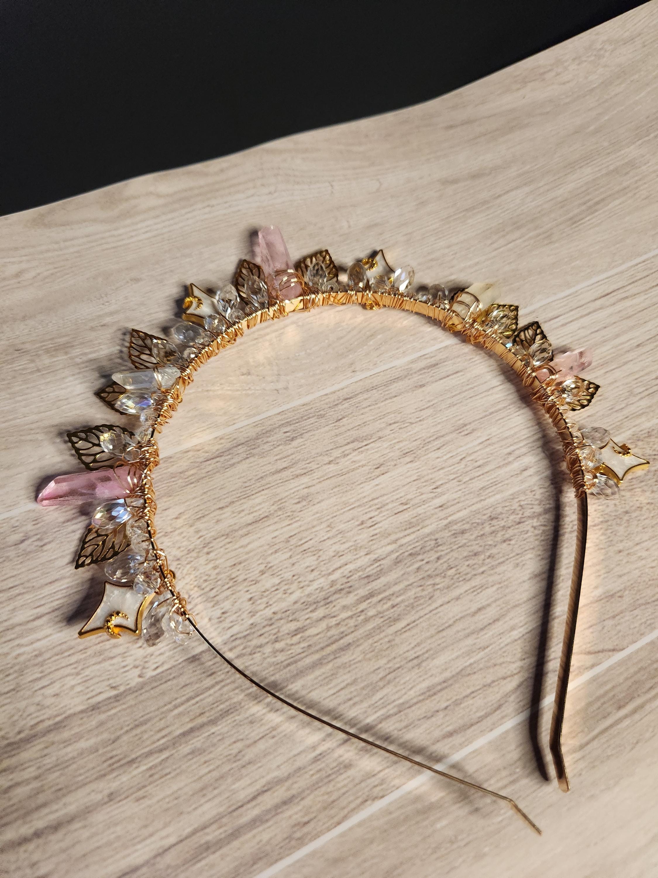 Hand-wired Rose Quartz Crystal Crown, Celestial Headpiece, Bridal Fairy Costume Accessory