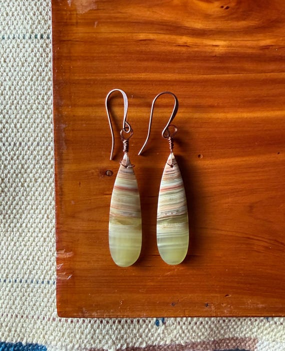 Handmade Banded Calcite Gemstone Copper Wire Wrapped Hypoallergenic Long Earrings