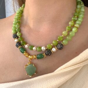 Calcite Aventurine Beaded Necklace, Gemstone Statement Jewelry