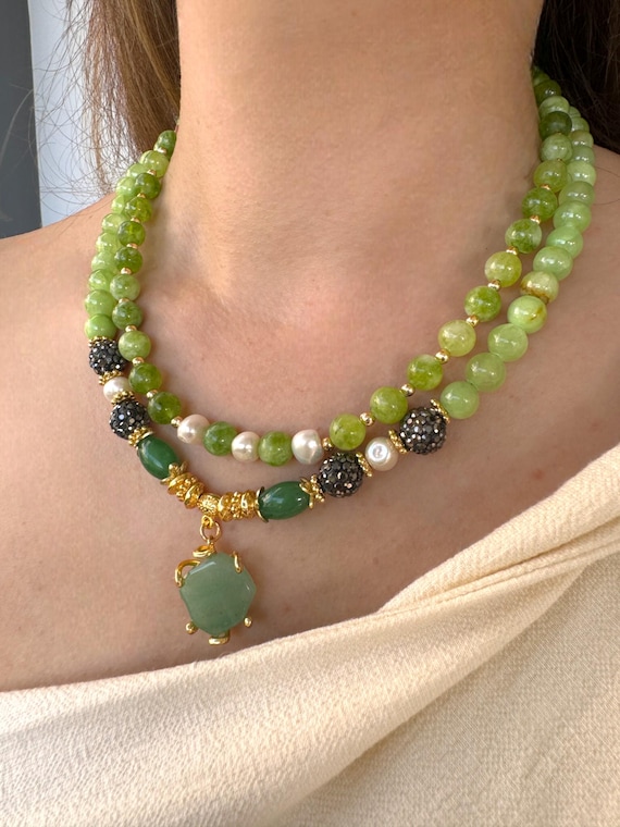 Calcite Aventurine Beaded Necklace, Gemstone Statement Jewelry