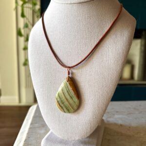 Handmade Copper Wire Wrapped Banded Green Calcite Gemstone Long Hypoallergenic Earrings