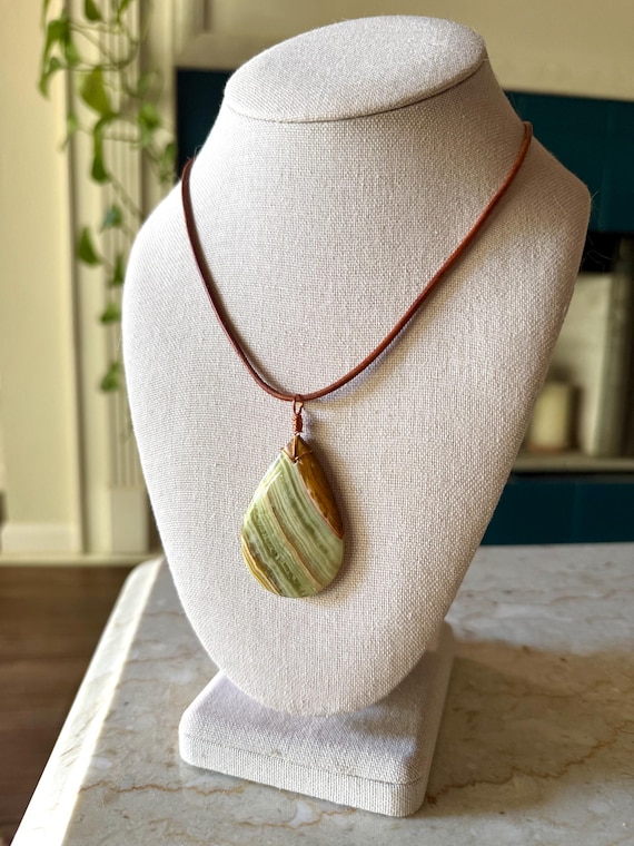 Handmade Copper Wire Wrapped Banded Calcite Pendant Brown Leather Cord Necklace