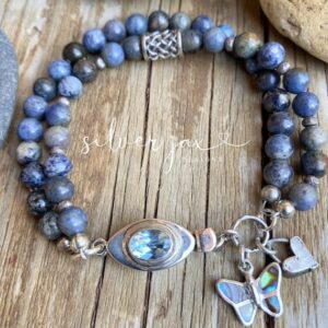 Dumortierite Topaz Bracelet – Sterling Silver Topaz Clasp, Butterfly Charm - Boho Dumortierite Topaz Bracelet – Sterling Silver Topaz Clasp, Butterfly Charm - Boho