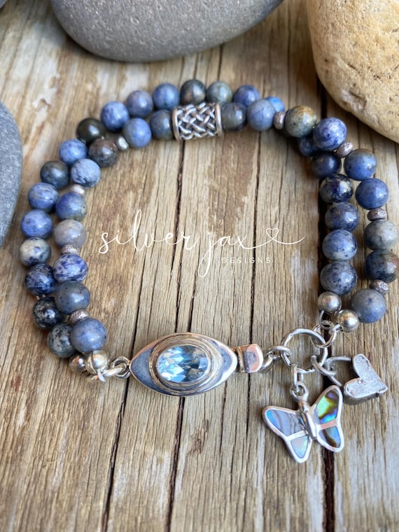 Dumortierite Topaz Bracelet – Sterling Silver Topaz Clasp, Butterfly Charm - Boho