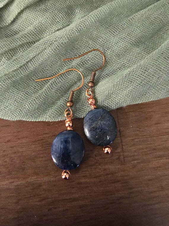 Handmade Dumortierite Copper Dangle Earrings: Third Eye Chakra Gemstone Jewelry Mothers Day Gift
