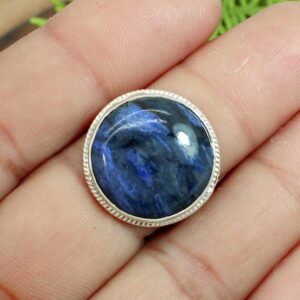 Handmade Dumortierite Ring: Round Blue Stone, 925 Sterling Silver Handmade Dumortierite Ring: Round Blue Stone, 925 Sterling Silver
